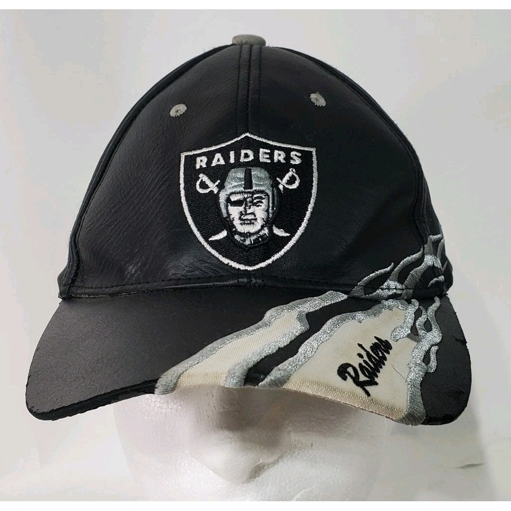 Vtg Oakland Raiders Hat Leather Embroidered Flames Reebok 90s Streetwear NFL